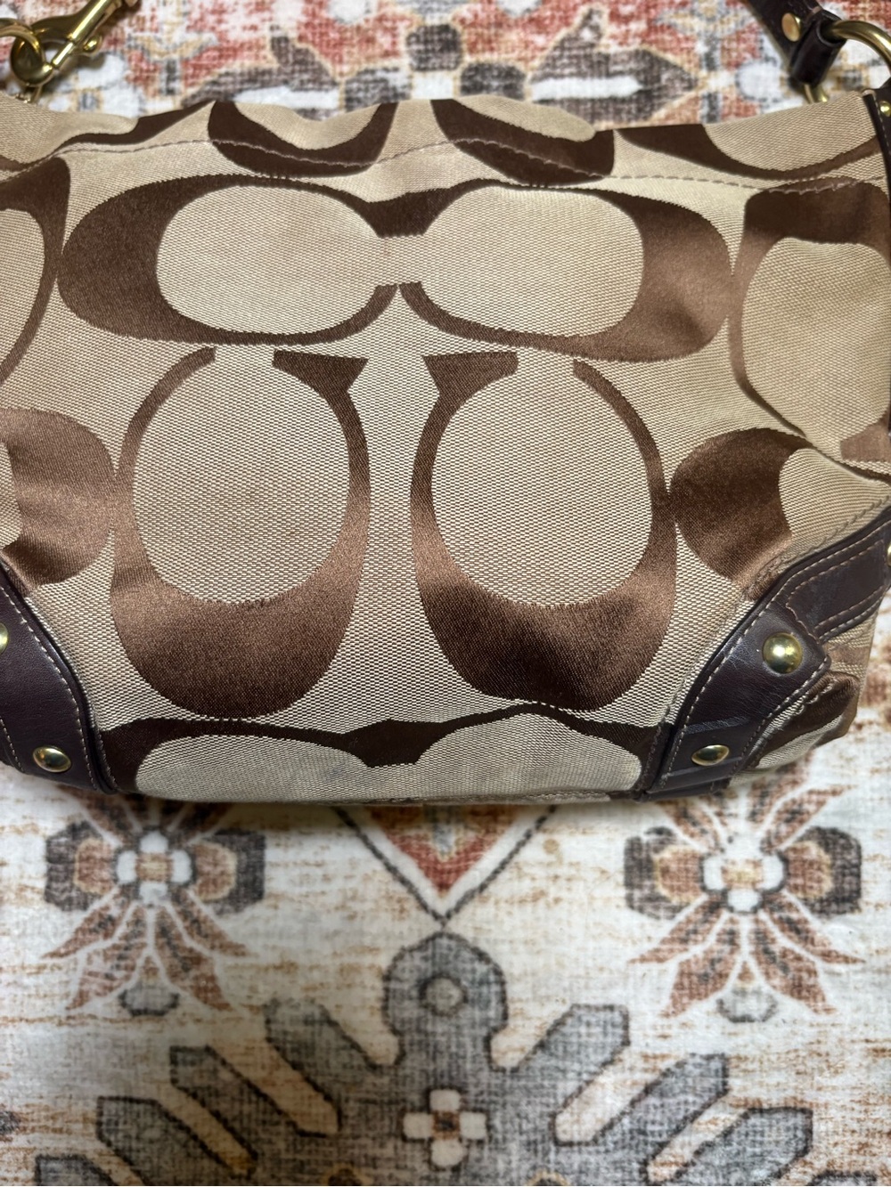 Coach Carly 12871 Tan Signature Canvas Shoulder Bag with Dark Brown Trim - Picture 10 of 12